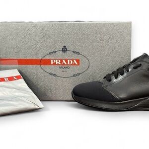 PRADA Men’s All Black Brushed Leather Neoprene Low Top Street Sneakers 8.5 w/box